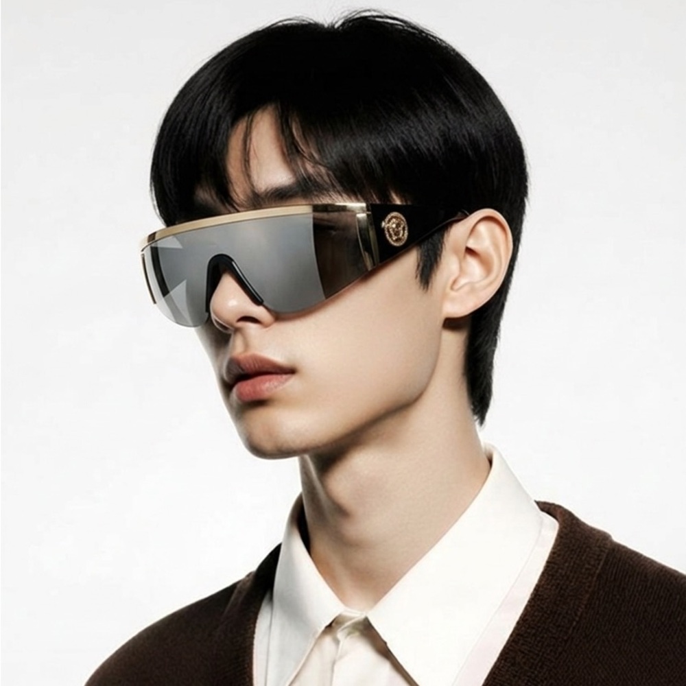 New Versace™ VE2197 Shield Sunglasses – Gold Frame / Grey Mirror Lenses